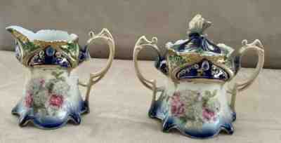Beautiful Cobalt Blue RS Prussia Creamer and Sugar- Vintage Red Mark