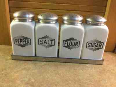 VTG 1950s MILK GLASS Salt & Pepper Sugar, Flour Shakers original lids/with caddy