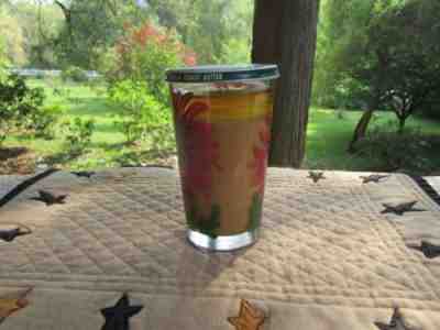 VINTAGE BOSCUL PEANUT BUTTER GLASS UNOPENED DAHLIA FLOWER LID ADVERTISING