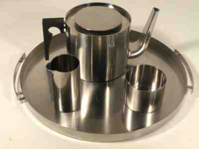Stelton Denmark Arne Jacobson Vintage Cylinda Stainless Teapot Tray Cream Sugar