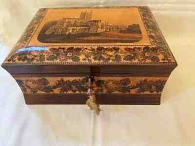 Tunbridge Ware Sewing Box Great Malvern Priory Church Inside Lid Girl w/Bird Key