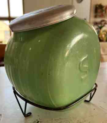 Vintage Fired On Glass Sellers Jadeite Green Hoosier Canister Jar Orig Lid Rack