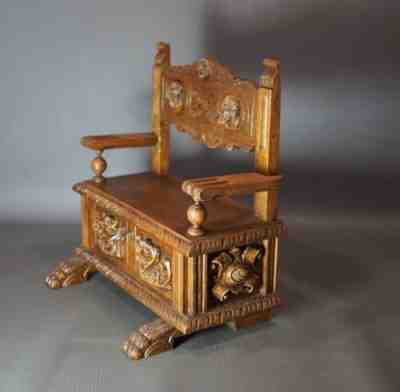 1890s Wooden Bench Jewelry Trinket Wood Box Gargoyle Cherub Demon Lock Key w/Lid