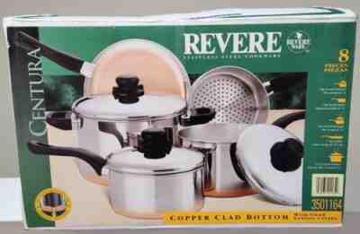 Vintage Revere Ware 8 Piece Set Copper Bottom Stainless Centura 1997 Open Box