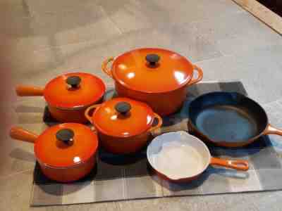 Vintage Cousance Le Creuset 6 Pc Set Orange Flame Enamel Dutch Sauce Skillet