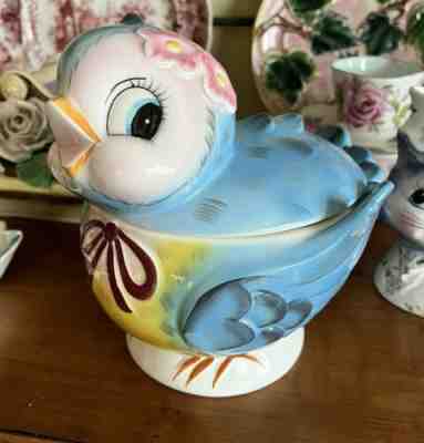 Vintage Lefton Blue Bird Covered Cookie Jar Near Perfect