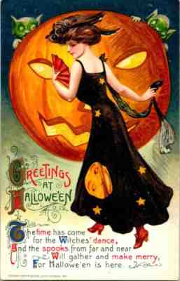 Vintage Winsch Schmucker Sexy Witch JOL Goblins Owl Hat Moon Halloween Postcard