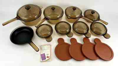 NEW 21pc Set Corning Ware Visions Amber Cookware Pots Pans Skillet Lids Vtg Lot