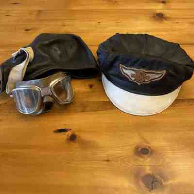 VINTAGE HARLEY DAVIDSON CAPTAINS HAT- SIZE 7 3/8 & Googles & Leather Hat