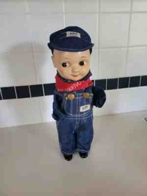 Vintage Buddy Lee Union Made Dark Blue Overalls and Hat. Missing Arms.