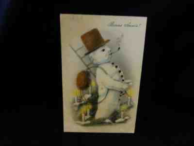 RARE-Chimney Sweep Snowman Postcard 1911 France His Pipe-Top Hat-Ladder & Brush
