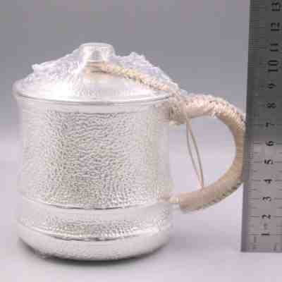 Vintage Fine 999 Pure Silver Mug with Lid Handmade Big Mug Tea Cup Sets 3.5inchH