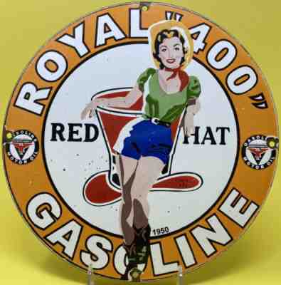 VINTAGE RED HAT GASOLINE PORCELAIN SIGN GAS STATION PUMP MOTOR OIL SERVICE