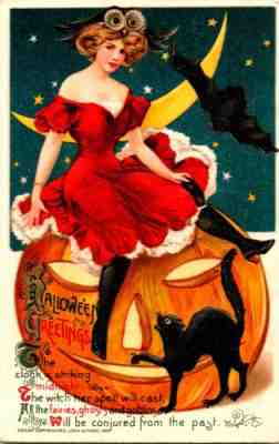 Vintage Winsch Schmucker Sexy Witch, Owl Hat, Bat, Cat, Moon, Halloween Postcard