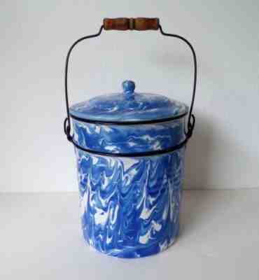 VINTAGE Graniteware Enamelware BLUE WHITE Swirl 3 pc DOUBLE Boiler BAIL Handle