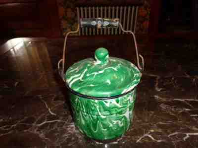 Scarce Size Small Antique Green & White Swirl Enamelware Lidded Sauce Pail, Pot