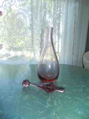 VINTAGE MCM PINK CRANBERRY GLASS GENIE BOTTLE JAR W/ LID DECANTER 12.5" VASE
