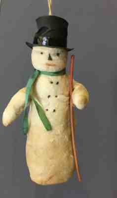Antique Spun Cotton SNOWMAN w TOP HAT Battlng Figural German Christmas Ornament