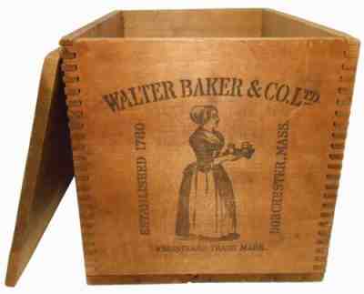 WALTER BAKER & CO. DORCHESTER MA ANTIQUE INK STMPD SM WD BOX CRATE, W/LID C.1900