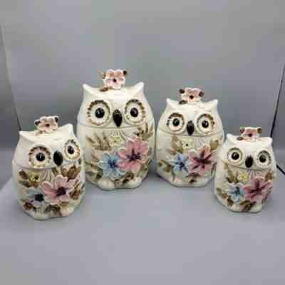 Vintage Napco Floral Owl Cannister Set, 4 Pieces, RARE