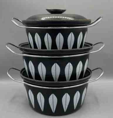 VTG Cathrineholm Sauce Cook Pot Set W/lids Lotus Black Enamelware Norway RARE