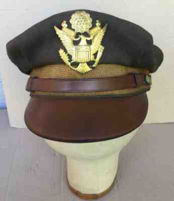Vtg US Military AAC Army Air Corps Force NAMED Pilot Flyer Cap Hat Leather Brim
