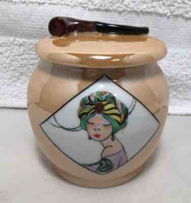 Vintage Hand Painted Noritake Morimura Art Deco Lady Tobacco Jar W Pipe On Lid