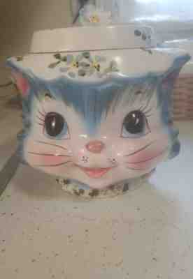 Vintage LEFTON Miss Priss Blue Kitty Cat Ceramic Cookie Jar 1502 Used