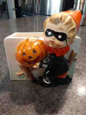 Vtg Relpo A1568 Halloween Little BOY W Pumpkin MASK PARTY Hat Planter Head Vase