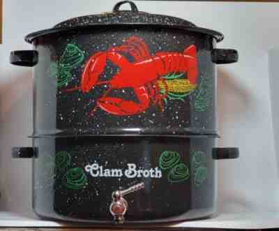 Vintage Speckled Enamel Double Steam Pot Clam Broth Corn Lobster w Spigot & Lid