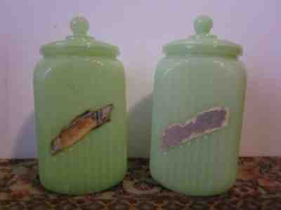 2 Rare Vintage Jadeite Anchor Hocking Clambroth Glass Canisters w/Lids ~Glow