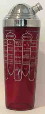 VINTAGE RUBY RED GLASS RECIPE COCKTAIL SHAKER W/ CHROME HIGH-DOMED SIDE-POUR LID