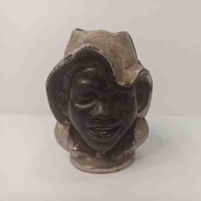 Vintage Cast Iron Heavy Money Box Bank Screw Lock Two Faces Hat Black Grey