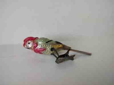 Antique Christmas ornament glass clip on bird dressed with pink hat