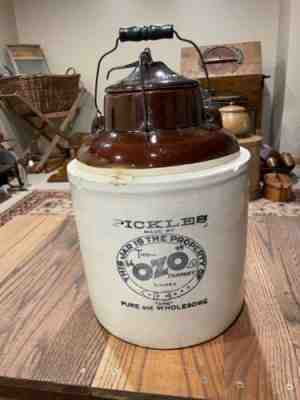 Antique- Rare 5 Gallon Ozo Pickle canning crock- complete with lid and wood bail