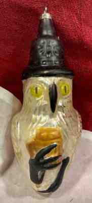 RARE ANTIQUE GERMAN OWL WEARING HAT, HOLDING STEIN GLASS CHRISTMAS ORNAMENT