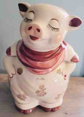 SMILEY PIG COOKIE JAR - PINK ROSES, RED SCARF, SHAWNEE POTTERY CO. 1940S, USA
