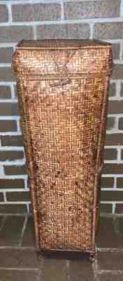 vintage made in thailand Rattan basket with woven lid and wood base.