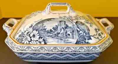 Antique Wedgwood Edinburgh Lidded Bowl Tureen, Aesthetic Blue Transferware, 1862
