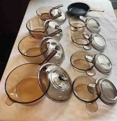 17 Pc VTG Corning Ware Visions Amber Cookware Pots Pans Skillet Lids Lot Pyrex