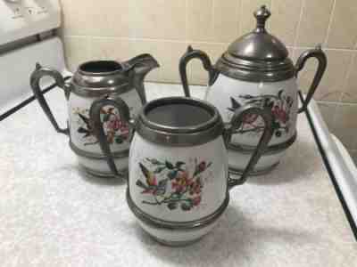 RARE WHITE BLUE BIRD FLORAL DECORATED PEWTER SET GRANITEWARE ENAMELWARE ANTIQUE!