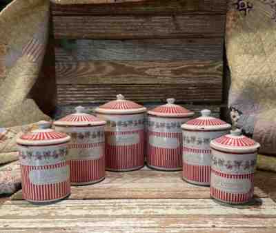 Antique French Enamelware Canister Set BB Depose 17655 Roses Garland Red Stripes