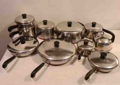 VINTAGE REVERE WARE LOT STAINLESS POTS SKILLETS LIDS USA MADE 18 PCS + TEAPOT