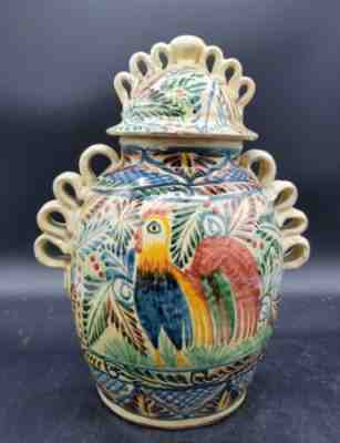 Vintage Large Mexican Folk Art Pottery Terra Cotta Urn Jar W/ Lid Rooster Handle