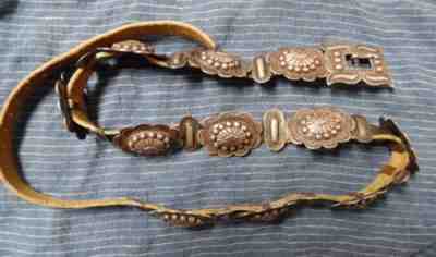 Vintage Sterling Silver Concha and Leather Hat Band/ Small Belt Stamped Navajo