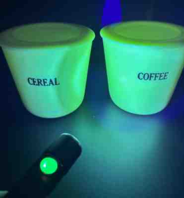1930s Vintage McKee Uranium glows Custard Set Of 2 jadeite Canisters W/lids 5x6
