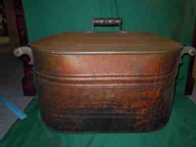 Vtg "ROME" Copper Wash Boiler Tub Pot w/ Wood Handles AND ORIGINAL LID antique