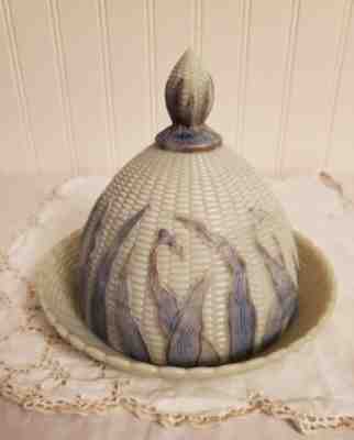 Rare Libbey Antique EAPG Maize / Corn Covered Butter Dish Pearl Sheen Blue Husk
