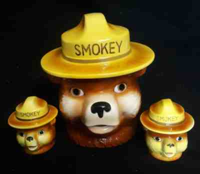 1960's Smokey the Bear Cookie Jar by Norcrest of Japan w/ Matching Salt & Pepper