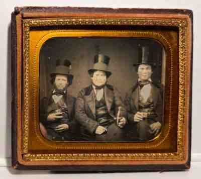 1/6 Plate Daguerreotype of 3 drinking buddies all in top hatsÂ